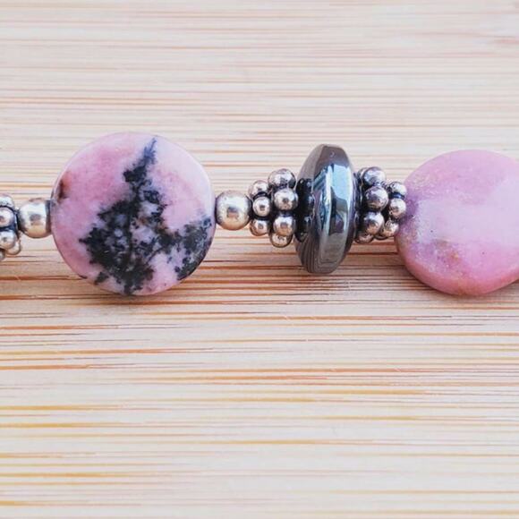 Sterling Silver Pink Marble Hematite Bead Bracelet XL Adjustable - Picture 2 of 6